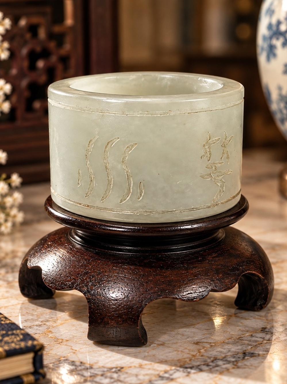 Chinese Nephrite Jade Cylinder Inscribed Character Ornament w/ Wood Stand 55g